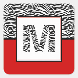 Schwarz-Weiß-Zebra-Print-Monogramm | Rot Quadratischer Aufkleber