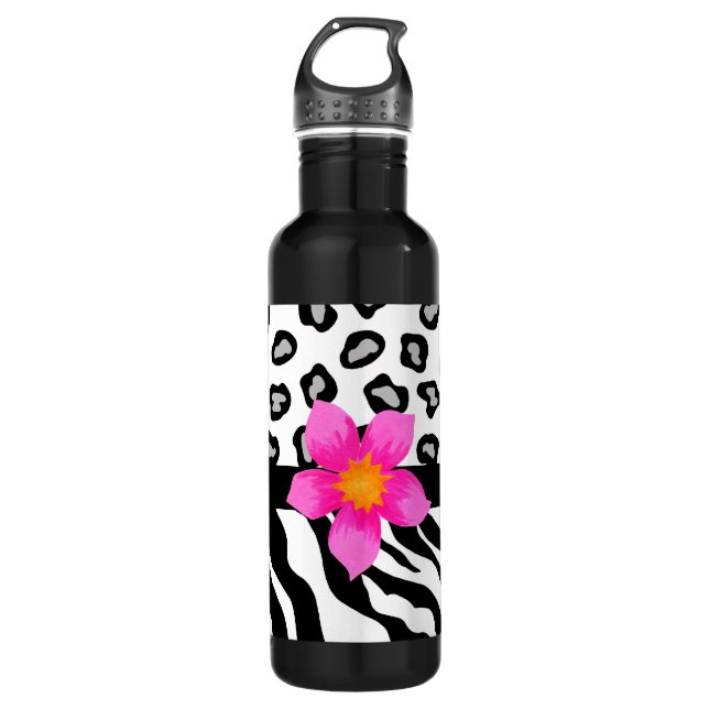 Schwarz-Weiß-Zebra und Geparden-Blume Trinkflasche (Vorderseite)