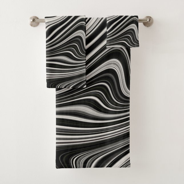 Schwarz-Weiß-Zebra-Wavy-Abstraktion Badhandtuch Set (Insitu)