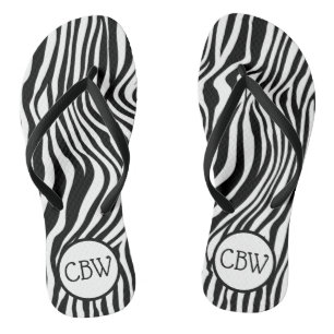 Schwarz-Weiß-Zebrastreifen-Tierdruck-Monogramm Flip Flops