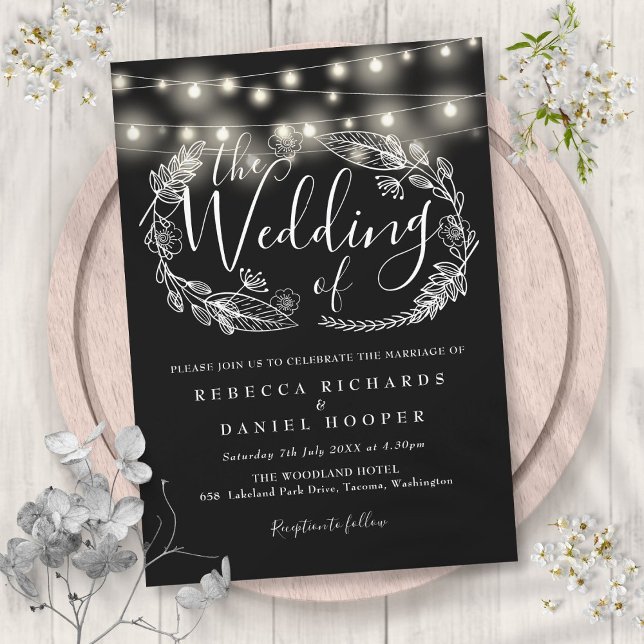 Schwarz-Weiß-Zeichenketten-Skriptereihen Einladung (Black And White String Lights Script Wedding Invitation)
