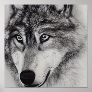 Schwarz-Weiß-Zeichnung eines Wolfes Poster
