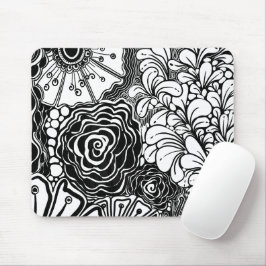Schwarz-Weiß-Zen-Blumen Gemustert Zeichnend Mousepad