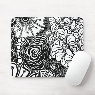 Schwarz-Weiß-Zen-Blumen Gemustert Zeichnend Mousepad