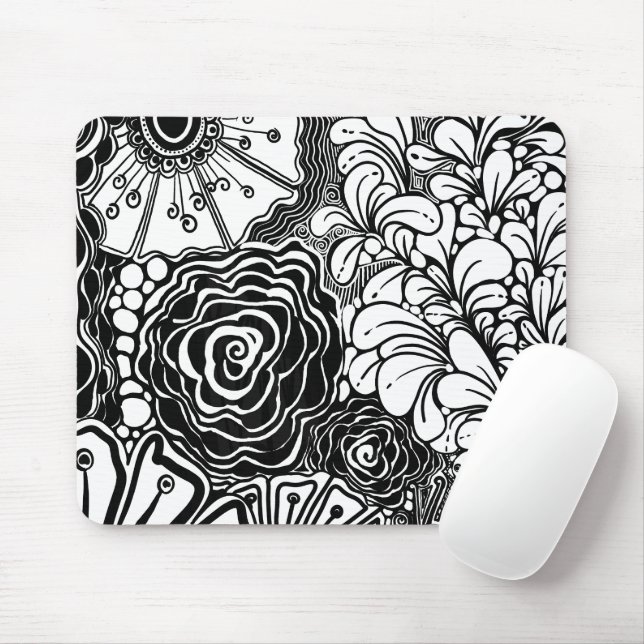 Schwarz-Weiß-Zen-Blumen Gemustert Zeichnend Mousepad (Mit Mouse)