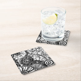 Schwarz-Weiß-Zen-Blumen Gemustert Zeichnend Rechteckiger Pappuntersetzer