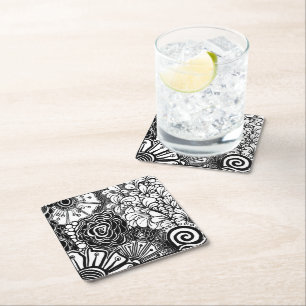 Schwarz-Weiß-Zen-Blumen Gemustert Zeichnend Rechteckiger Pappuntersetzer
