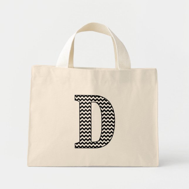 Schwarz-Weiß-Zickzack "D" Monogramm Totbeutel. Mini Stoffbeutel (Vorne)