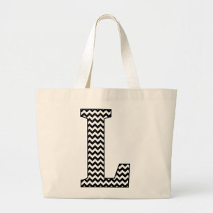 Schwarz-Weiß-Zickzack "L" Monogramm Tote Beutel. Jumbo Stoffbeutel