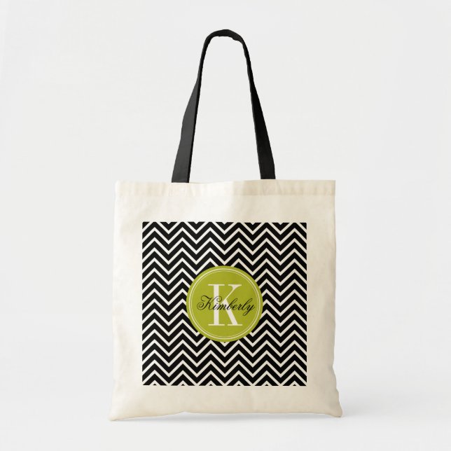 Schwarz-Weiß-Zickzack mit Kalkgrün-Monogramm Tragetasche (Vorne)