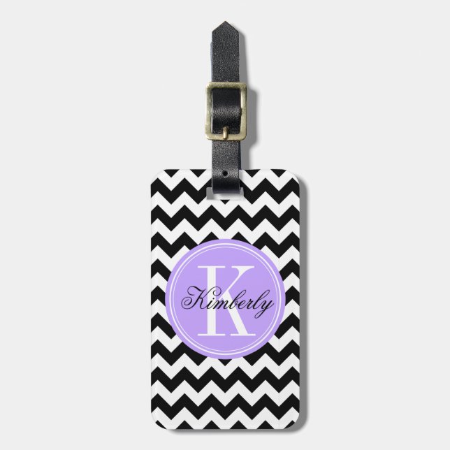 Schwarz-Weiß-Zickzack mit Lilac Monogramm Gepäckanhänger (Vorderseite vertikal)