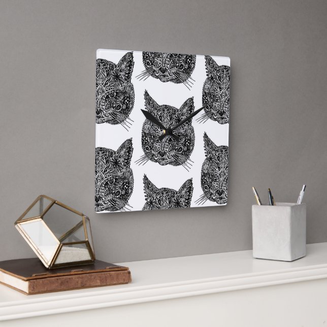 Schwarz-Weiß-Zierkatzen-Portrait Quadratische Wanduhr (Büro)