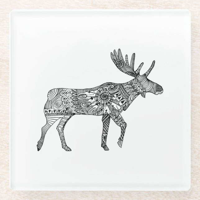 Schwarz-Weiß-Zierwandern Elche Silhouette Glasuntersetzer (Vorderseite)