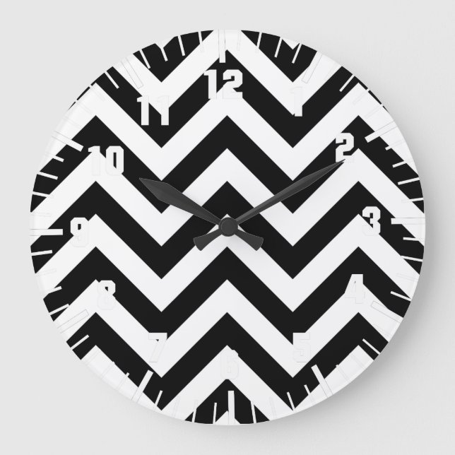 Schwarz-weiß Zigzag Chevrons Muster Große Wanduhr (Vorderseite)