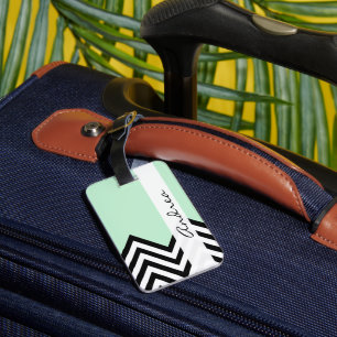 Schwarz-Weiß-Zigzag-Muster, Grün, Ihr Name Gepäckanhänger