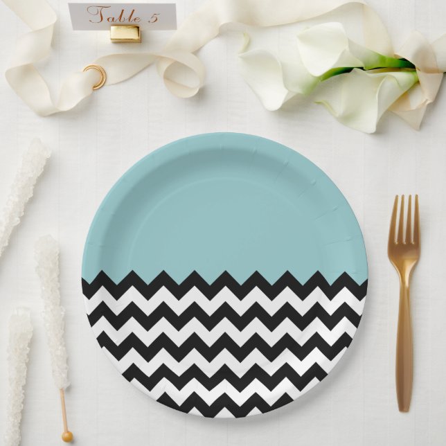 Schwarz-Weiß-Zigzag-Muster, Zickzack, blau Pappteller (Hochzeit)