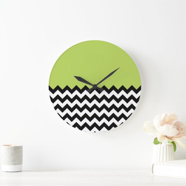 Schwarz-Weiß-Zigzag-Muster, Zickzack, grün Große Wanduhr (Zuhause)