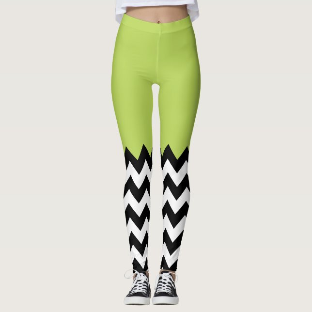 Schwarz-Weiß-Zigzag-Muster, Zickzack, grün Leggings (Vorderseite)