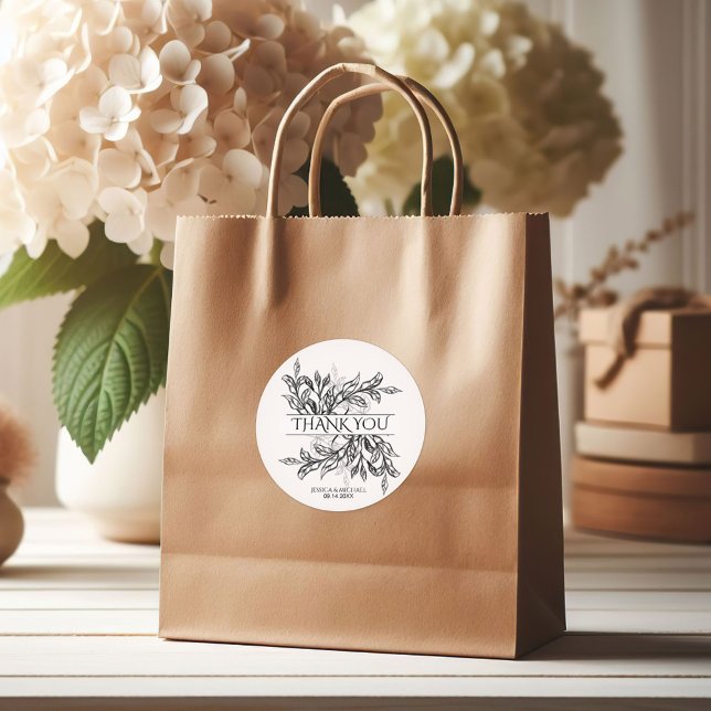 Schwarz/Weiß-Zweig und Blätter Hochzeit Runder Aufkleber (Von Creator hochgeladen)