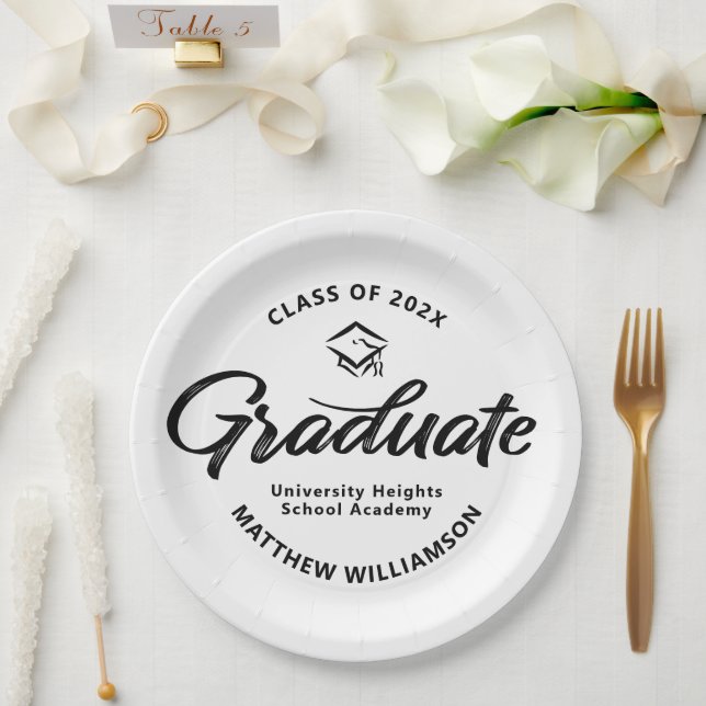 Schwarz-weiße Abschluss-Bold-Retro-Schrift-Cap-Sym Pappteller (Hochzeit)