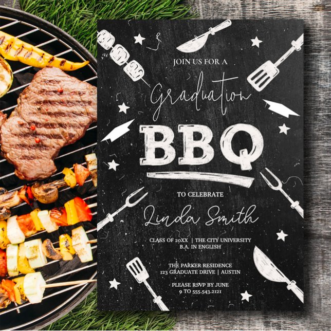 Schwarz-weiße Abschluss GRILLEN Einladung (Black White Watercolor Graduation BBQ Invitation #zazzlemade #bbqparty #graduationinvitation)