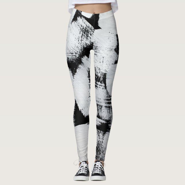 Schwarz-weiße, abstrakt gestrichene Leinwand. Leggings (Vorderseite)