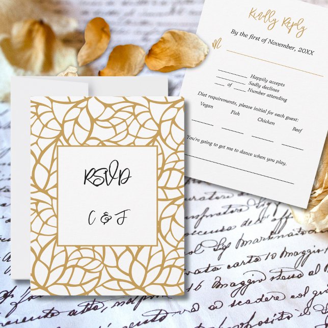 Schwarz-weiße Abstrakte botanische RSVP-Karte Einladung (Black White Gold Abstract Botanical RSVP Card)