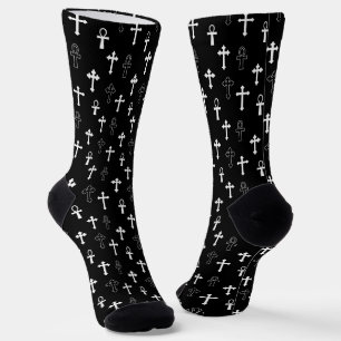 Schwarz-weiße Ankh-Kreuz-Gotik Socken