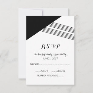Schwarz-weiße Antwortkarte für geometrische Streif RSVP Karte