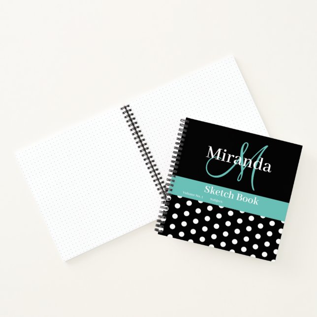 Schwarz-weiße Aquamarine grüne Monogram Polka Dots Notizbuch (Innenseite)