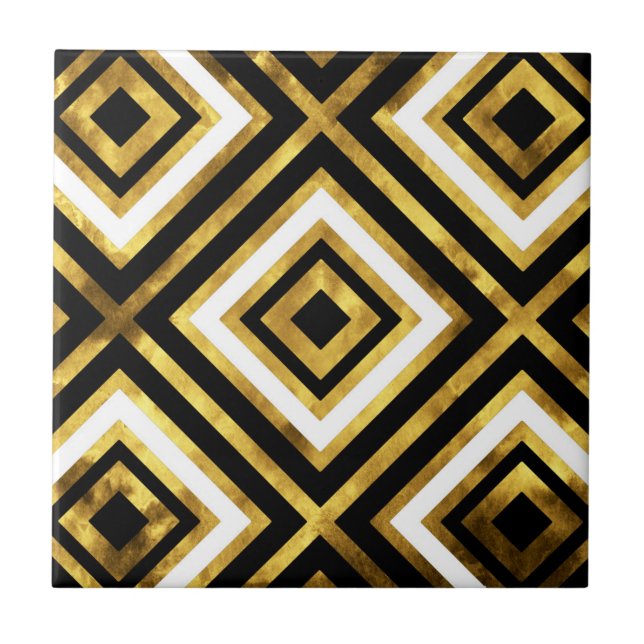 Schwarz-weiße Aquarellfarbe Geometrisch Diamant Fliese (Vorderseite)