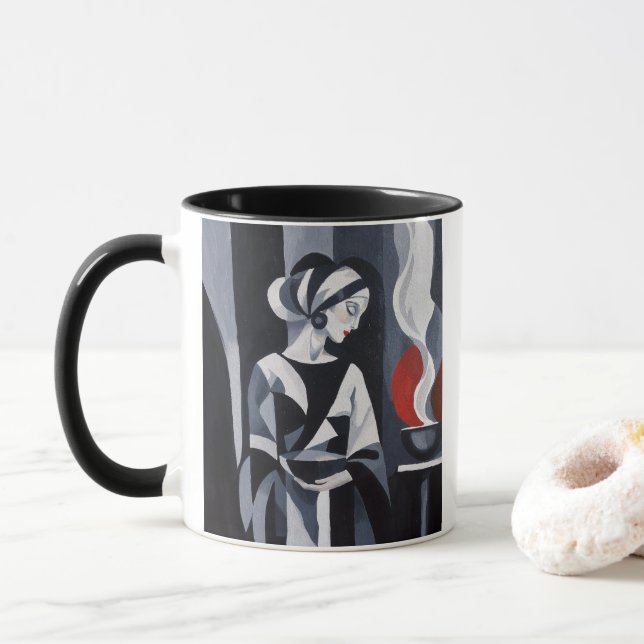 Schwarz-weiße Art Deco Frau  Tasse (Mit Donut)
