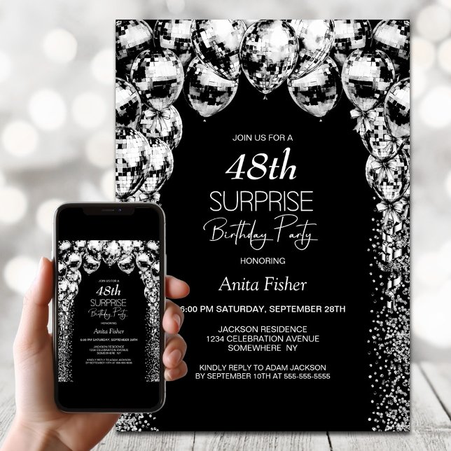 Schwarz-weiße Ballons jeder Altersüberraschung Geb Einladung (Von Creator hochgeladen)