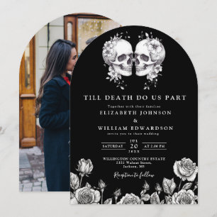 Schwarz-weiße bis todgotische Skulls Foto Hochzeit Einladung