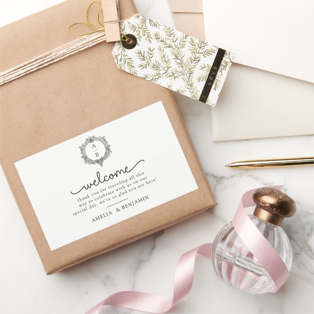 schwarz-weiße Blattmuster Hochzeitseinladung mit W Rechteckiger Aufkleber (Schenken)