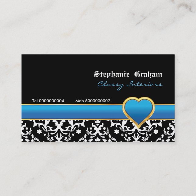 Schwarz-weiße blaue Herzkarte Visitenkarte (Vorderseite)