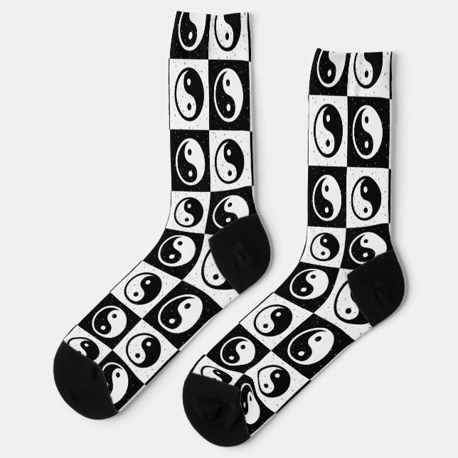Schwarz-weiße Blockdruckaufzeichnung Yin-Yang Socken (Linkes Detail)