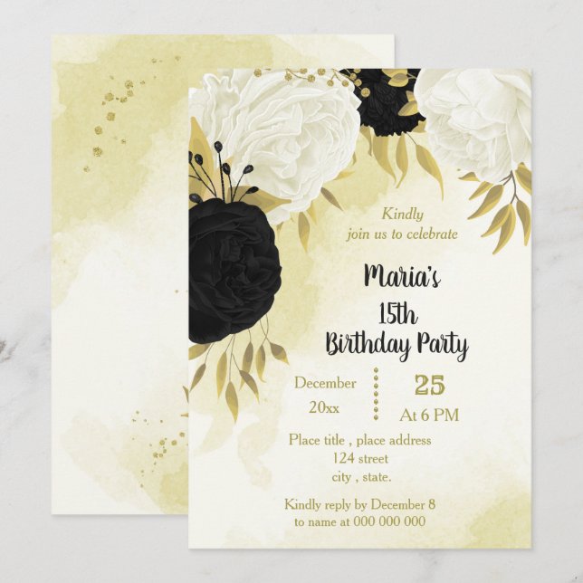 Schwarz-weiße Blume Gold Blätter Geburtstag Einladung (Vorne/Hinten)