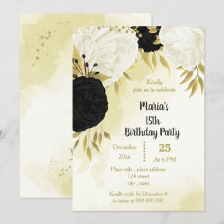 Schwarz-weiße Blume Gold Blätter Geburtstag Einladung