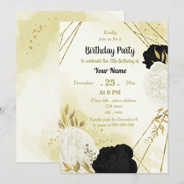 Schwarz-weiße Blume Gold Blätter Geburtstag Einladung (Vorne/Hinten)