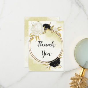 Schwarz-weiße Blume Gold Blätter Hochzeit Dankeskarte