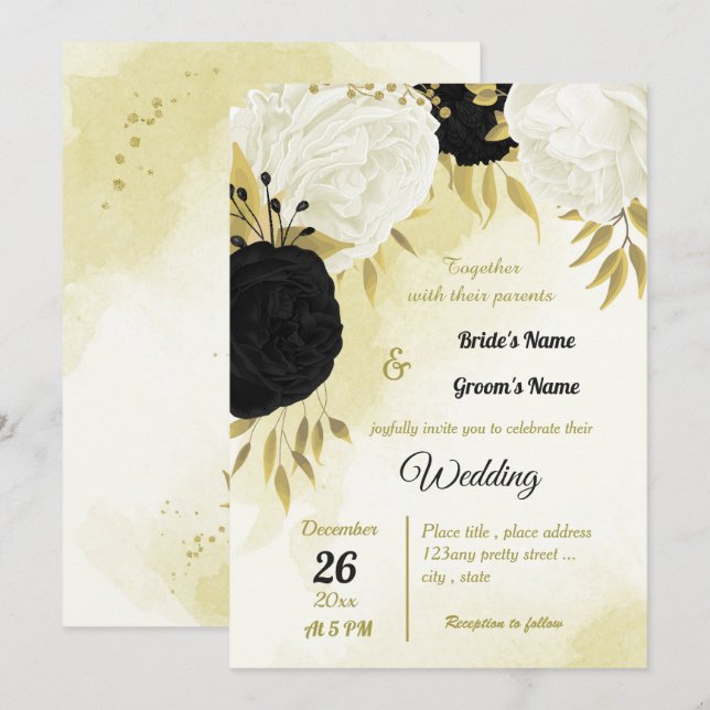 Schwarz-weiße Blume Gold Blätter Hochzeit Einladung (Vorne/Hinten)