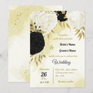 Schwarz-weiße Blume Gold Blätter Hochzeit Einladung