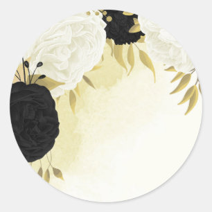 Schwarz-weiße Blume Gold Blätter Hochzeit Runder Aufkleber