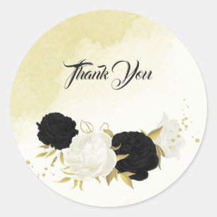Schwarz-weiße Blume Gold Blätter Hochzeit Runder Aufkleber