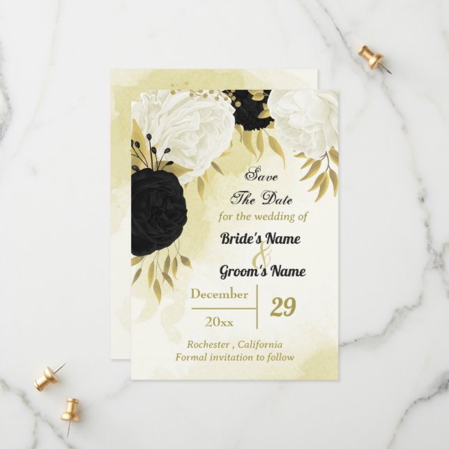 Schwarz-weiße Blume Gold Blätter Save The Date (Vorderseite/Rückseite Beispiel)