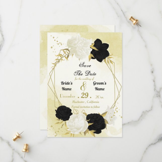 Schwarz-weiße Blume Gold Blätter Save The Date (Vorderseite/Rückseite Beispiel)