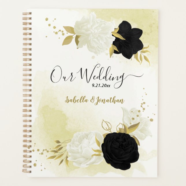 Schwarz-weiße Blume Goldhochzeitplaner Planer (Vorderseite)