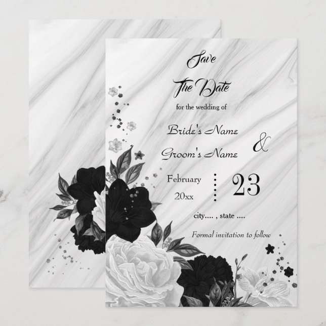 Schwarz-weiße Blume graue Blätter Marmor Save The Date (Vorne/Hinten)