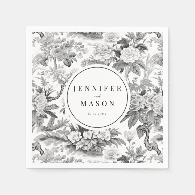 Schwarz-weiße Blume Hochzeitszeitszettel Serviette (Vorderseite)